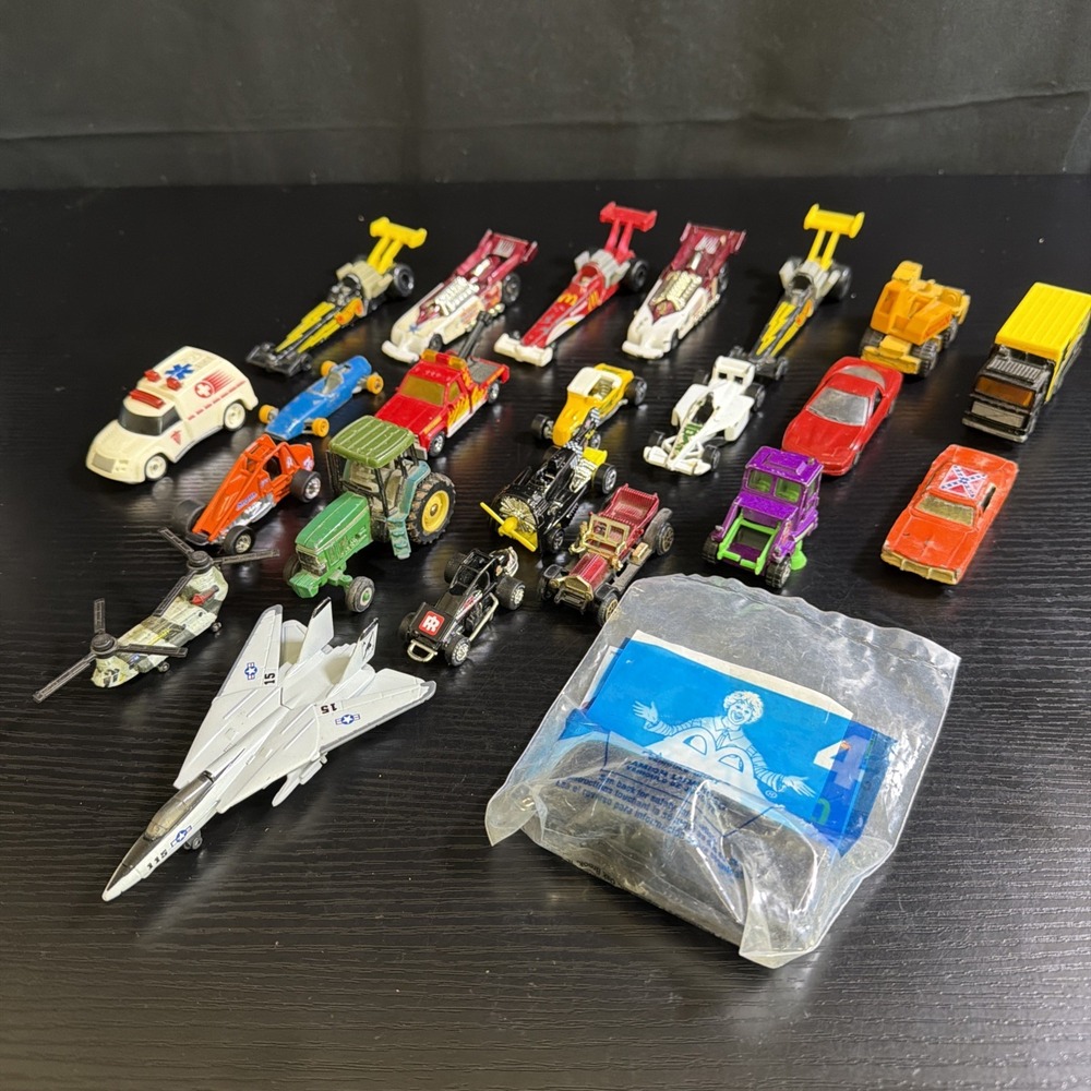 Vintage Diecast Lot of 23 Hot Wheels Matchbox Cars Trucks Dragsters Plane Heli